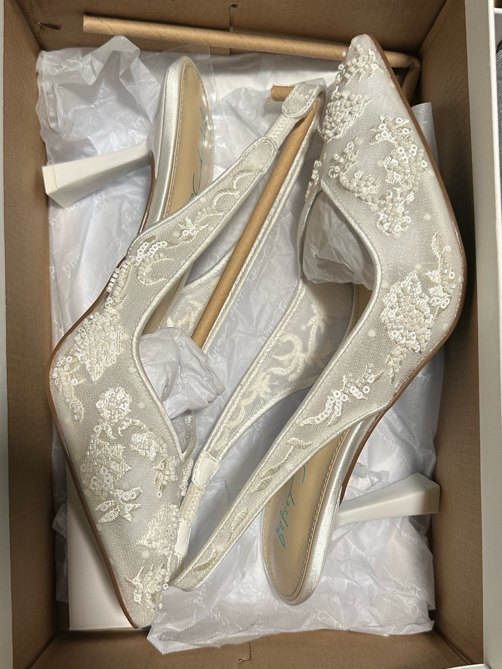 Betsey Johnson Ivory Lace Embroidered Slingback Heels